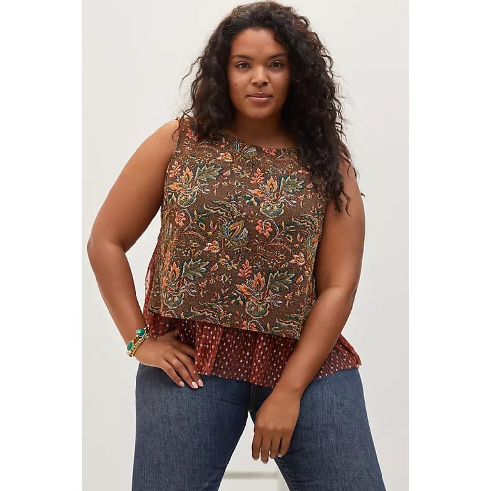 Anthropologie Eva Franco Jacquard Sleeveless Brown Floral Top Plus Sizes - Picture 6 of 8
